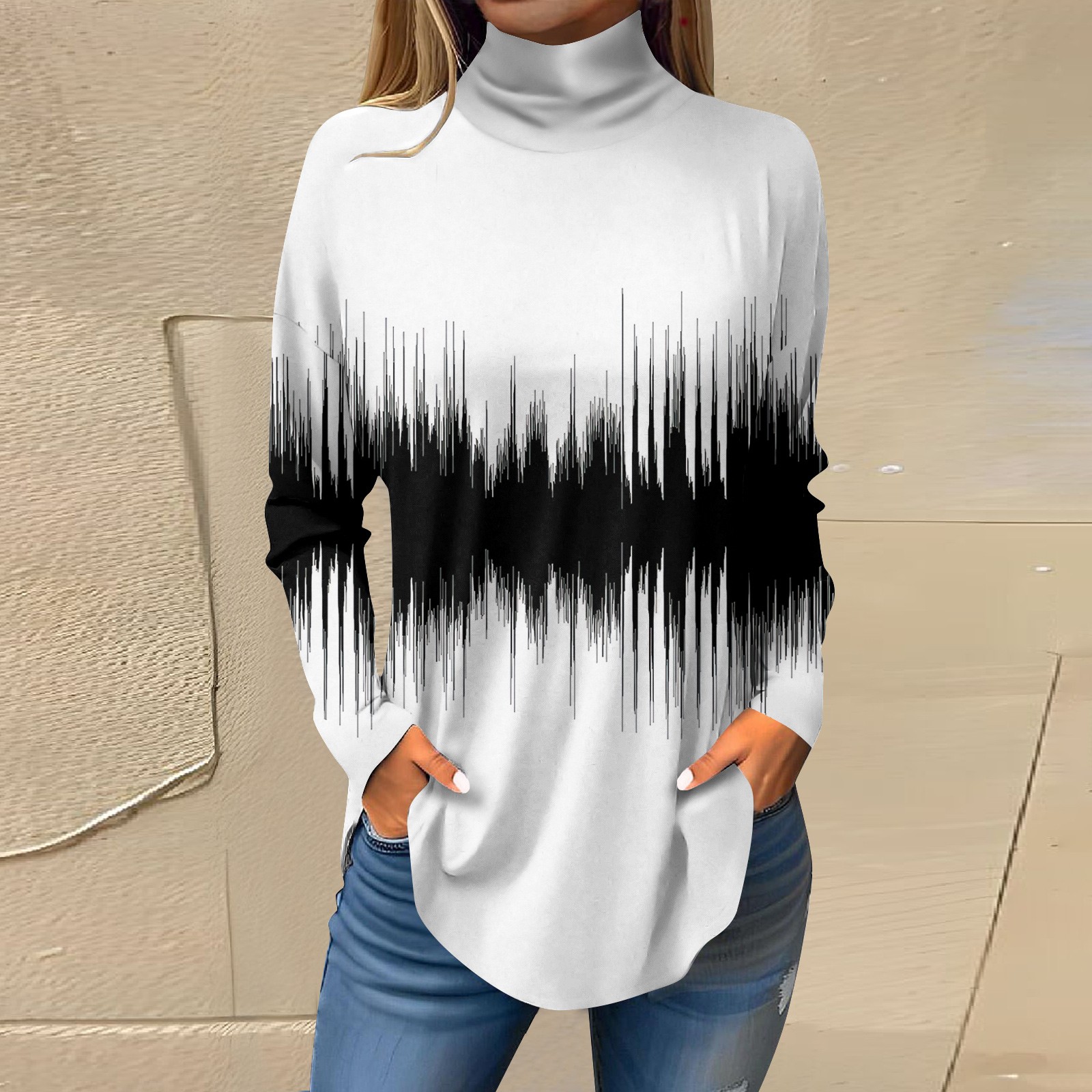 Women's Fashionable Casual High Neck Printed Long Sleeve T-Shirt Pullover Top