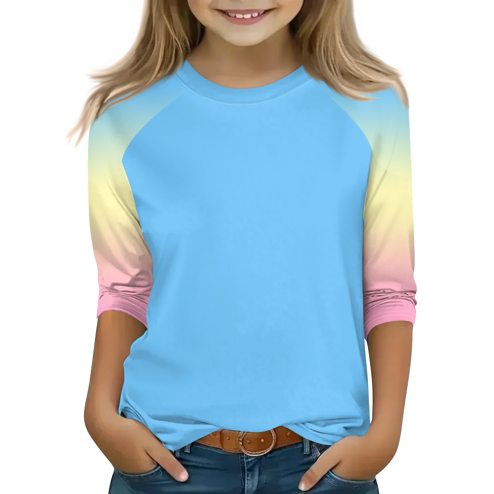 Printed Tops For Youth Girls 4-16 Years Round Neck 3/4 Sleeves T-Shirts Trendy Tops Outfit Tees