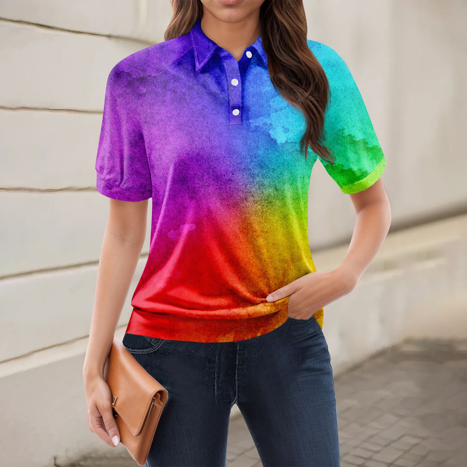 Women's Casual Floral Print V-Neck Short Sleeve Decorative Button T-Shirt Top