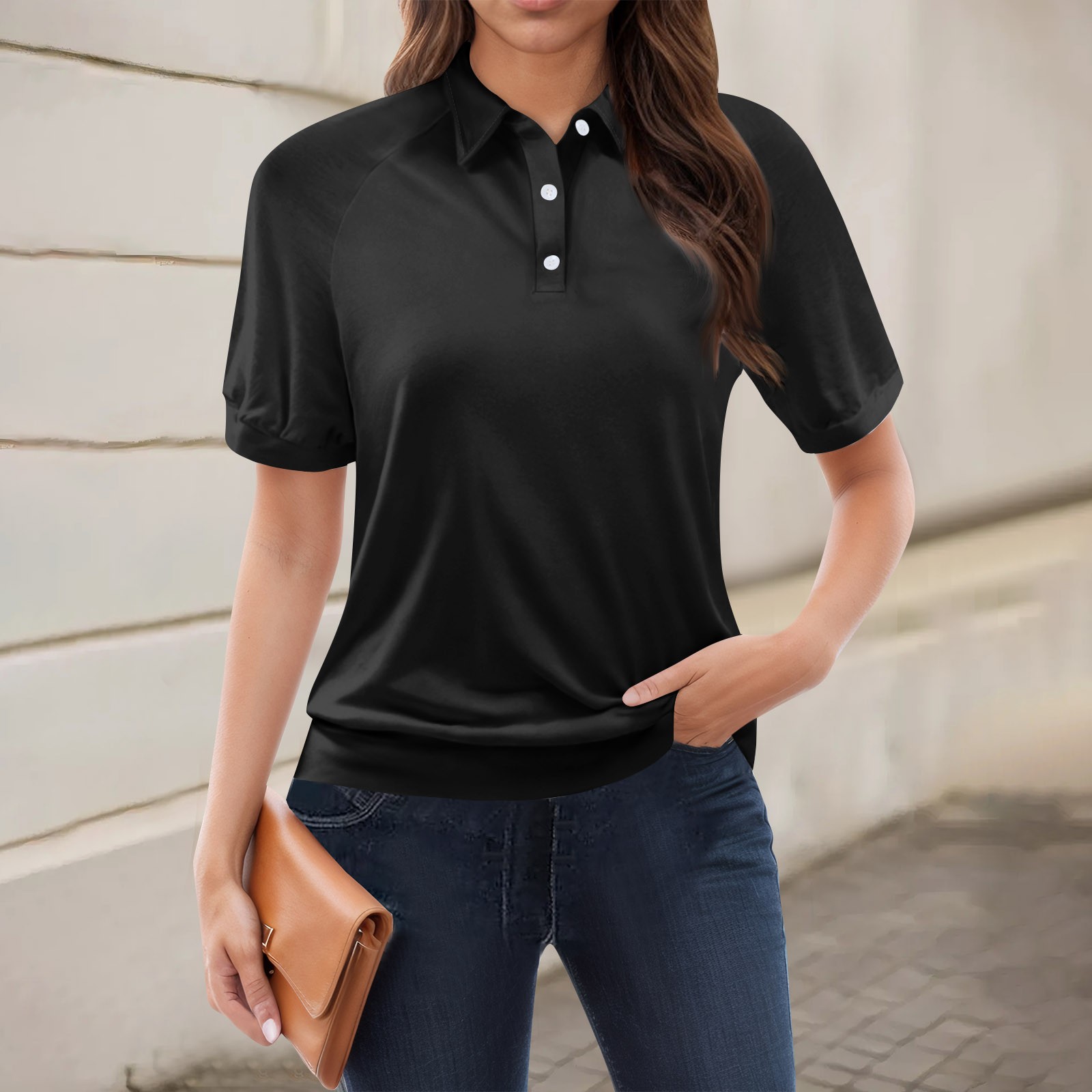 Women's Casual Floral Print V-Neck Short Sleeve Decorative Button T-Shirt Top
