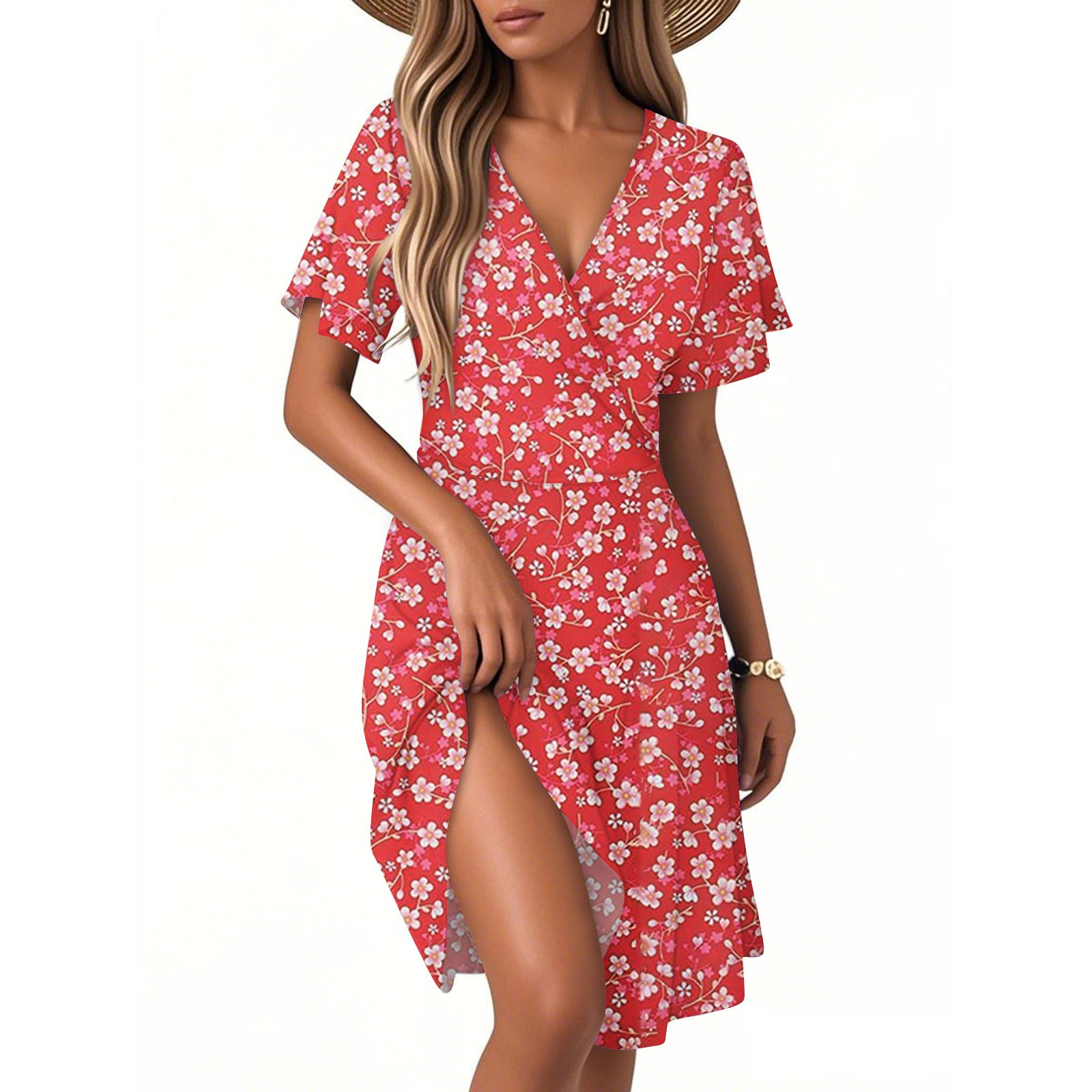 Women's Casual Fashion Dress Vintage Floral Floral Short Sleeve V-neck Dress