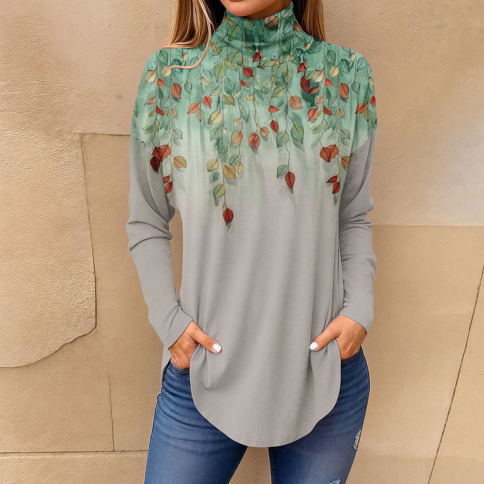 Tee Shirts For Women Fall Casual Long Sleeve Shirts Sweatshirt Vintage Printed High Neck Top Pullove