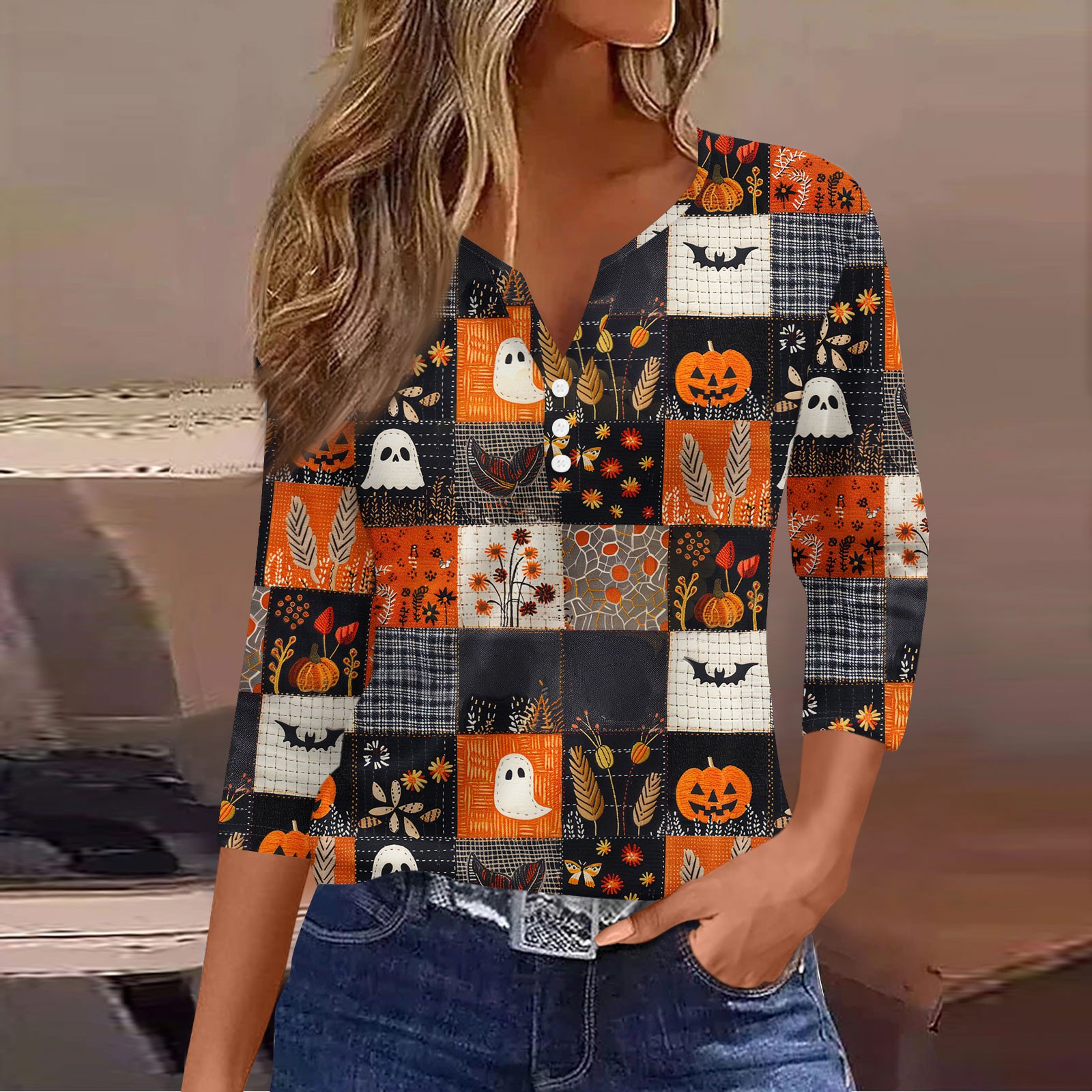 3/4 Length Sleeve Womens Tops Halloween Print Vintage Fashion Casual Loose With V Neck Plus Size Shi