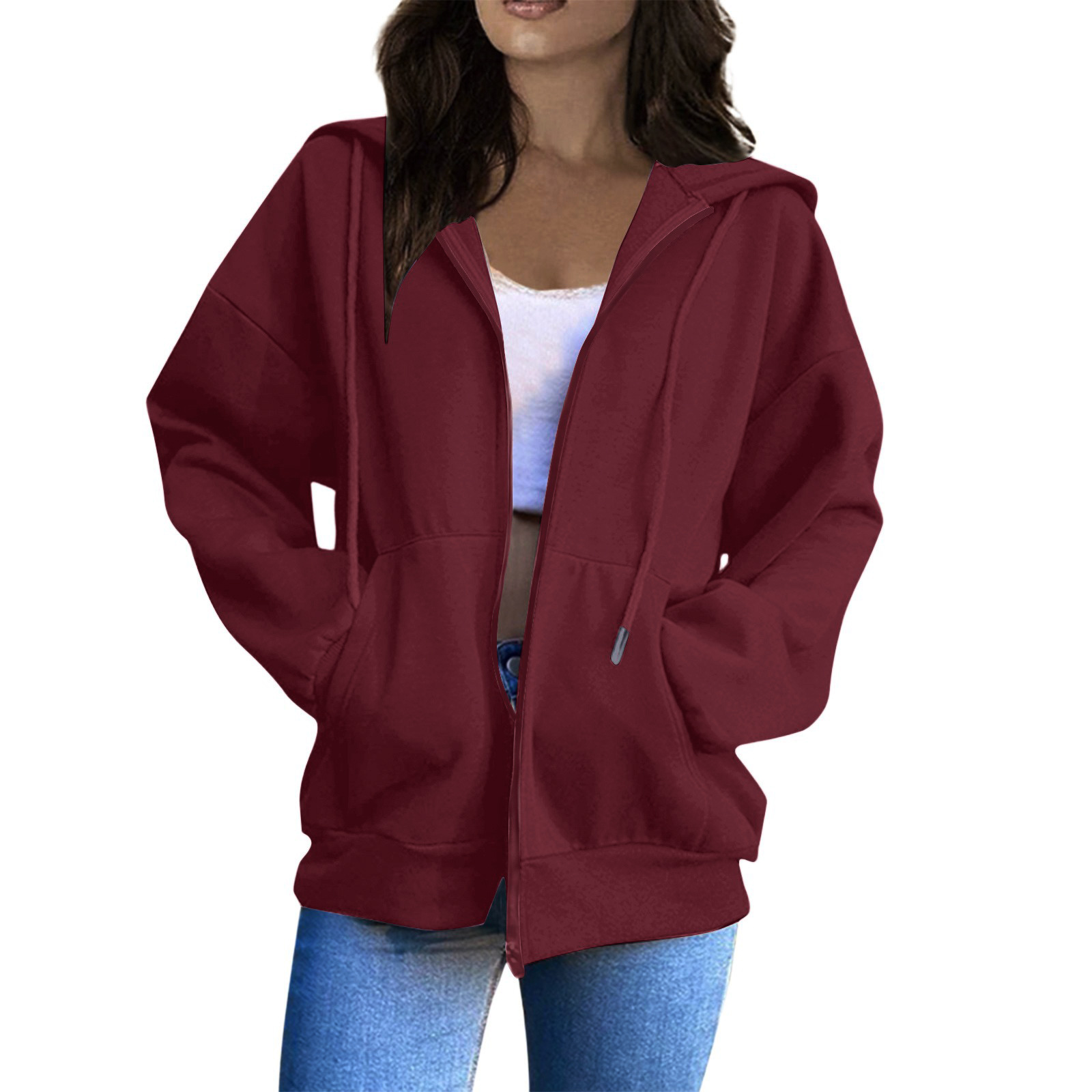 Women's Fashionable Loose Casual Zipper Cardigan Hooded Color Hoodie