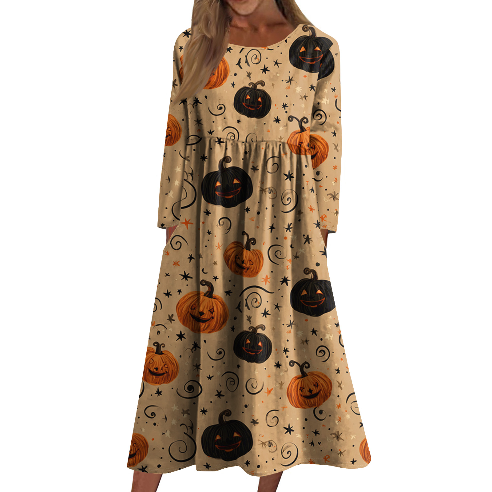 Women's Casual Crew-neck Halloween Print Mid-length Dress Long-sleeved Dress With Pocket