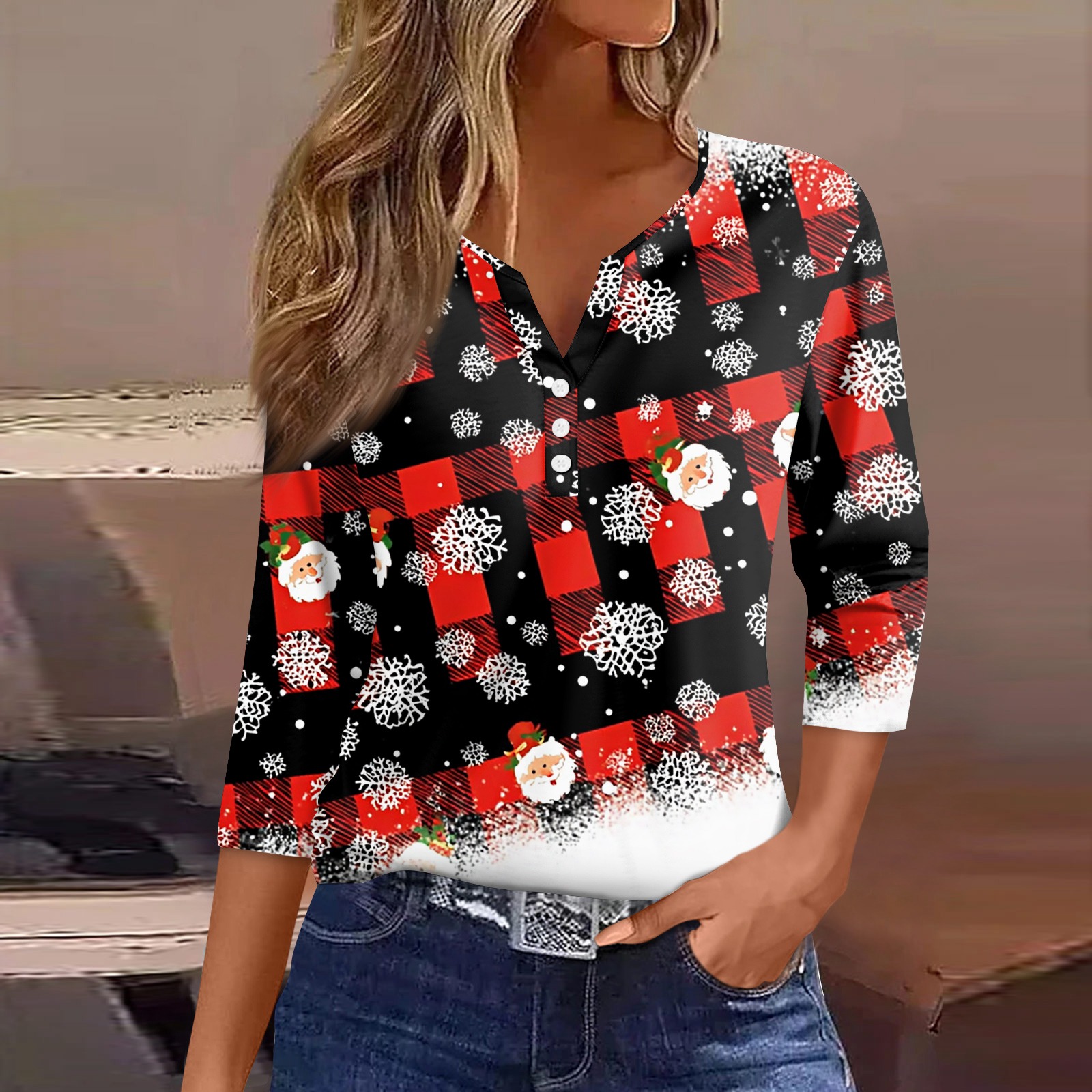 Women's T Shirt Tee Christmas Printed Button 3/4 Sleeve Tunic Daily Weekend Fashion Basic V- Neck Re