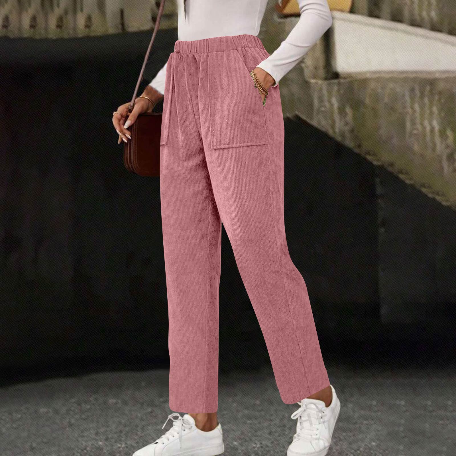 Women's Casual Fashion -Color Drawstring Loose Straight-Leg Pants With Pockets